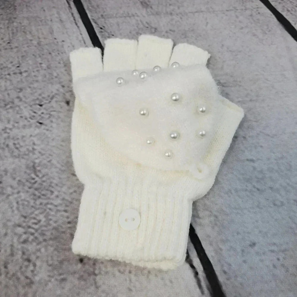 White Knit hat with Super Pom and Faux Pearl Accents Hat and Fingerles Glove set - Picture 8 of 12